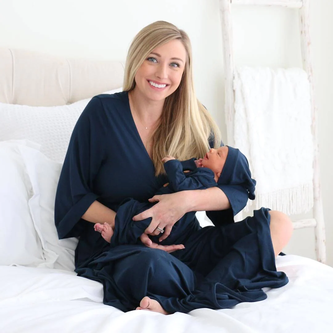 Solid Dark Navy Bamboo Knit Maternity Robe - Image 3