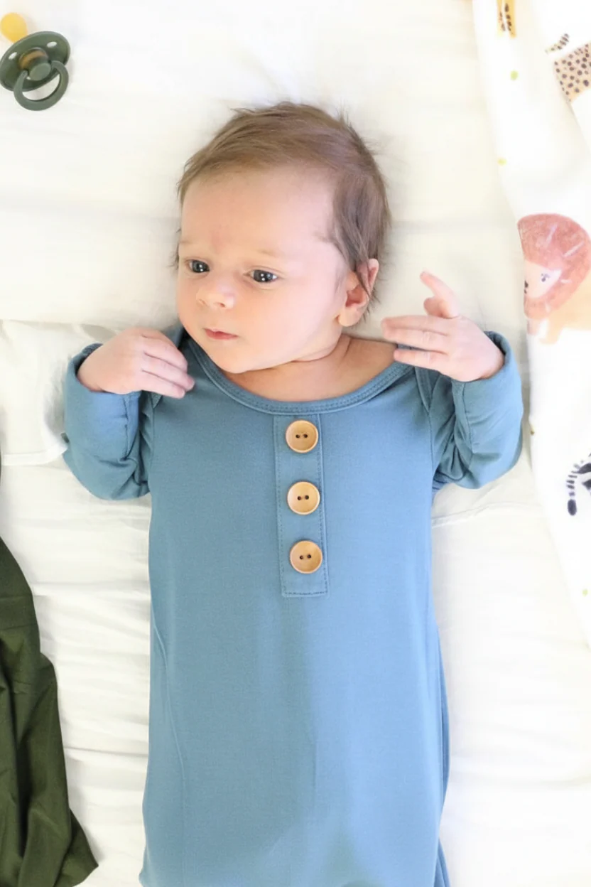 Solid Dusty Blue Bamboo Baby Knot Gown & Hat - Image 6