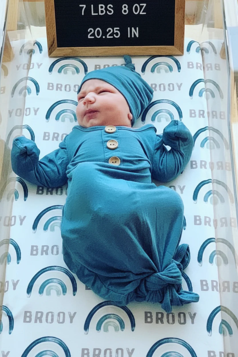 Solid Dusty Blue Bamboo Baby Knot Gown & Hat - Image 7