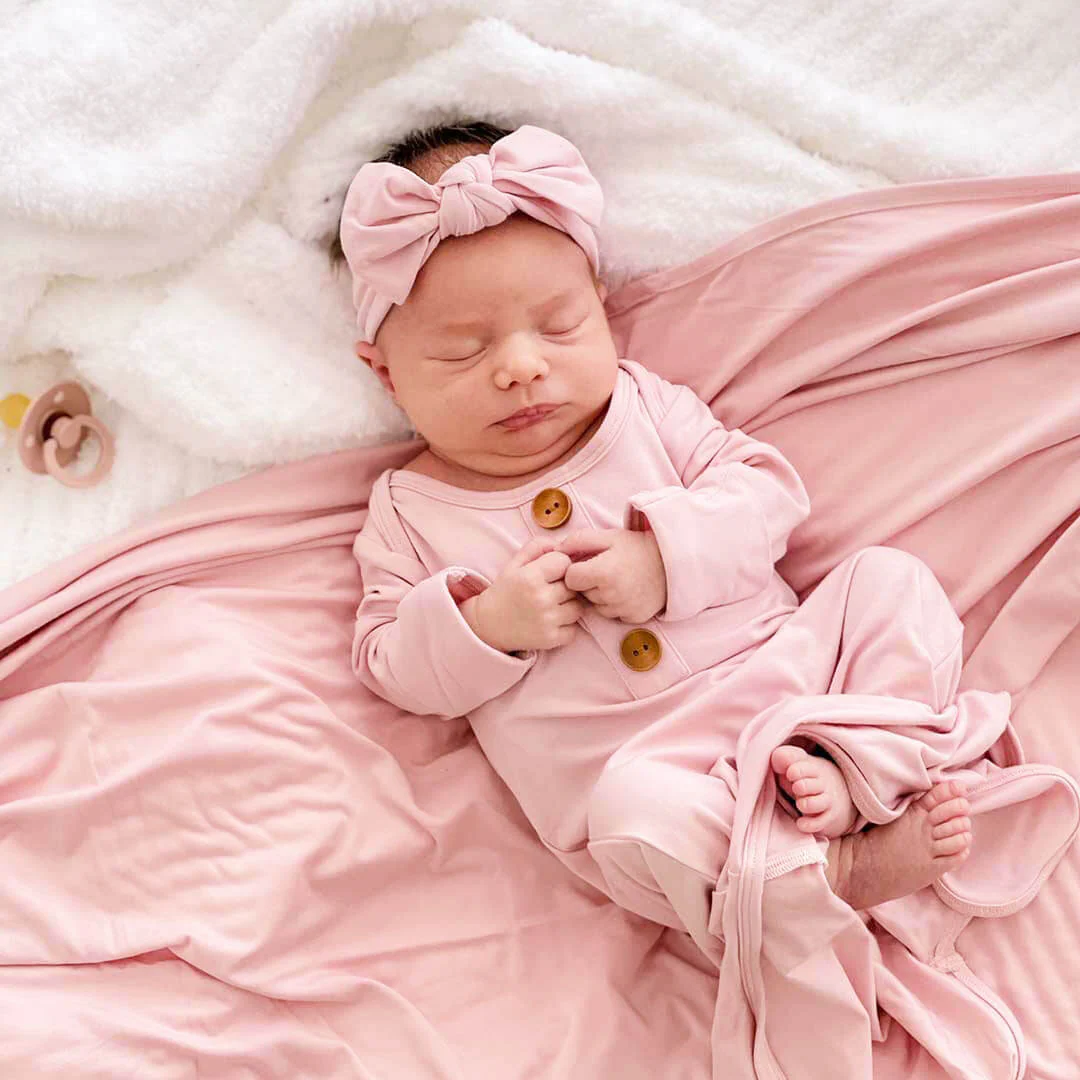 Solid Petal Pink Bamboo Baby Knot Gown & Hat - Image 4