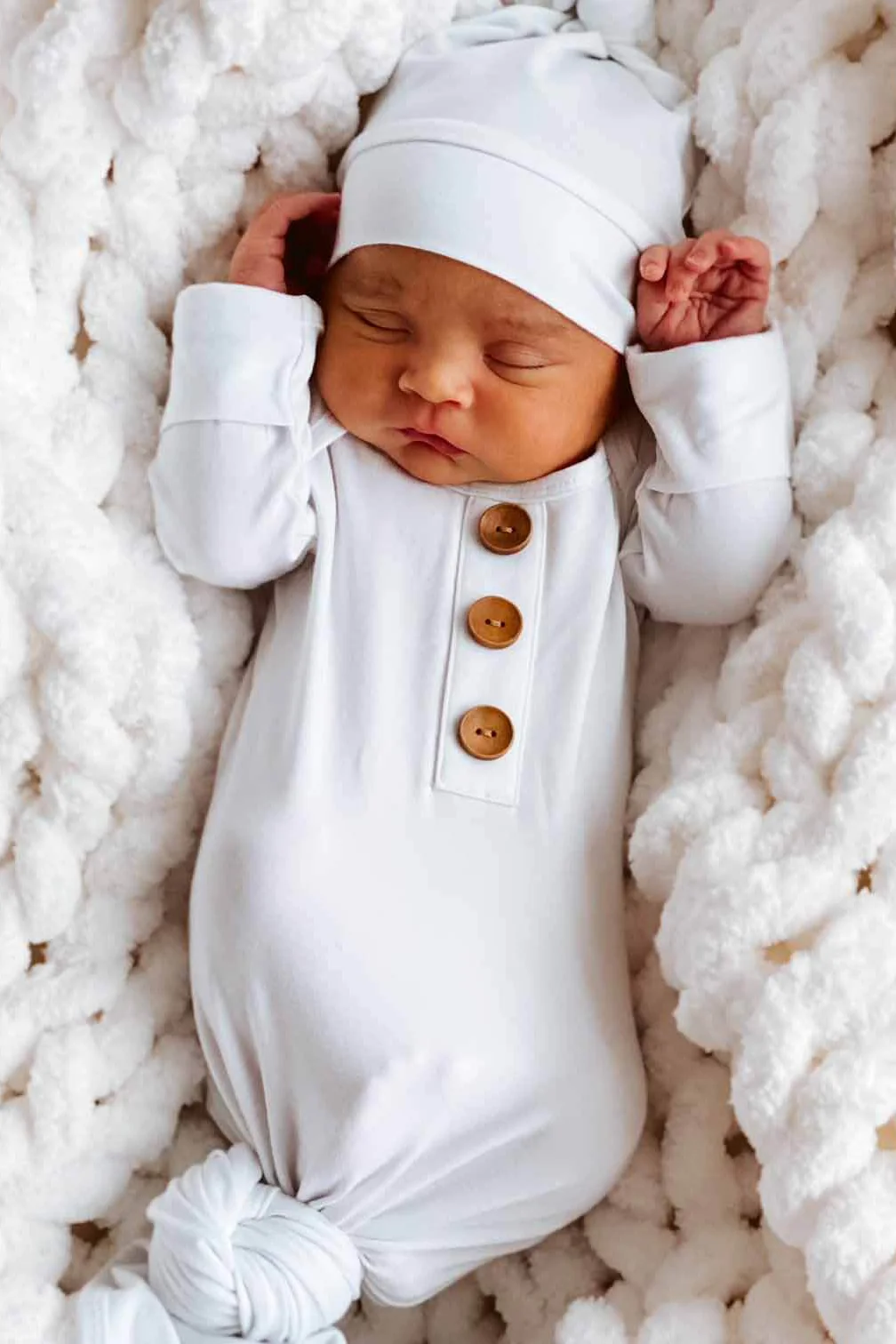 Solid White Bamboo Baby Knot Gown & Hat - Image 3