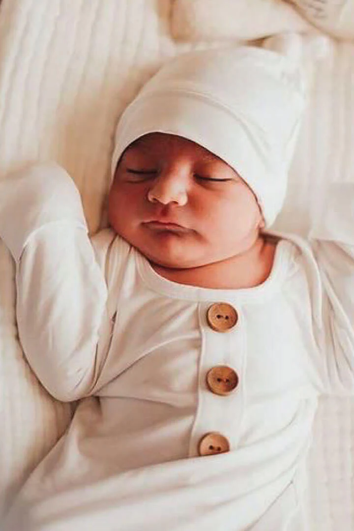 Solid White Bamboo Baby Knot Gown & Hat - Image 4