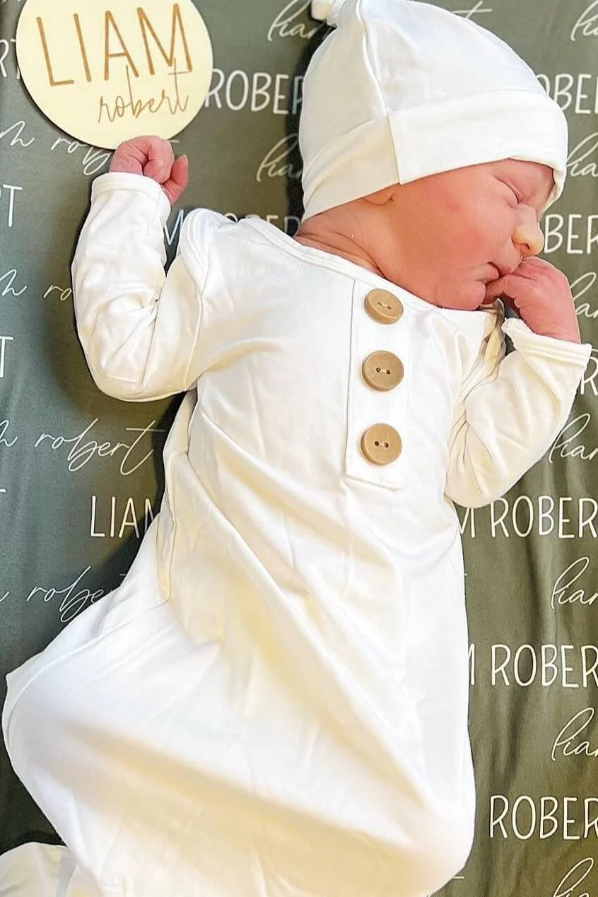Solid White Bamboo Baby Knot Gown & Hat - Image 5
