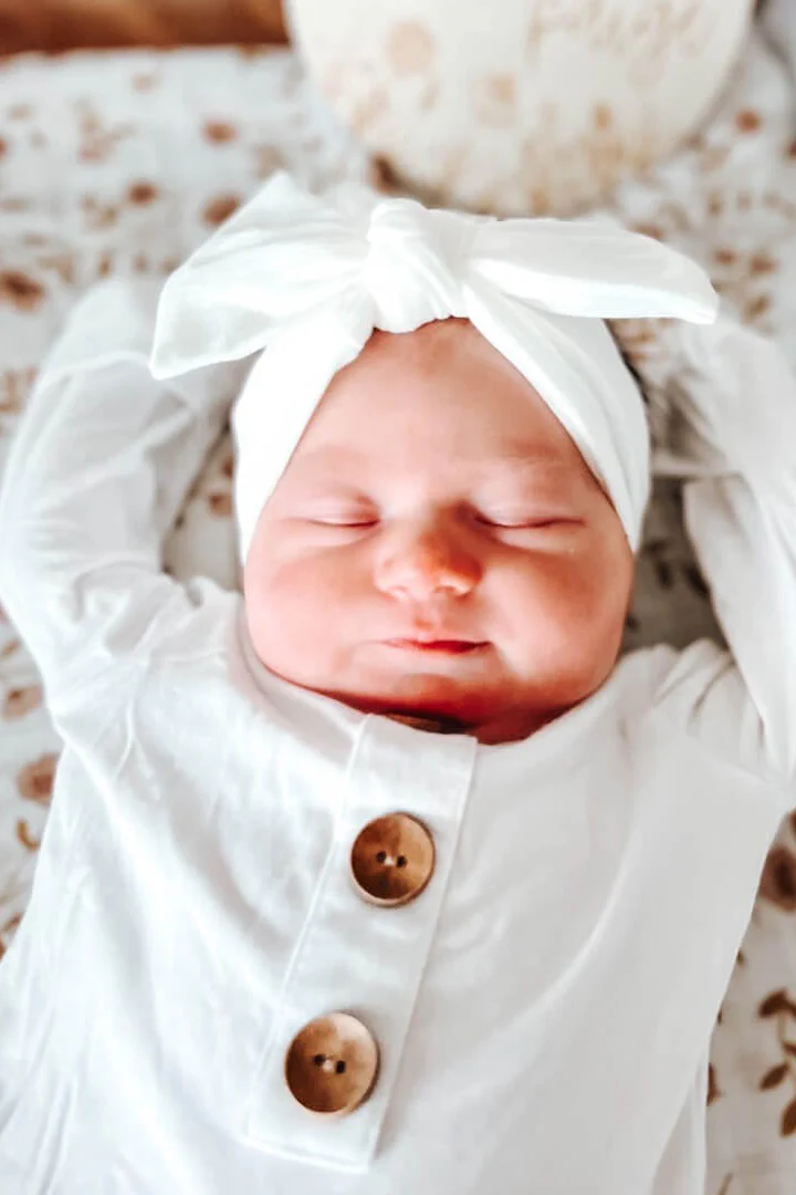 Solid White Bamboo Baby Knot Gown & Hat - Image 6