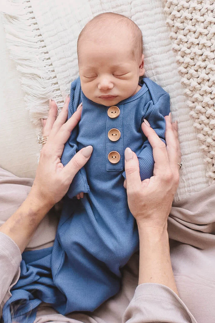 Steel Blue Ribbed Bamboo Baby Knot Gown & Hat - Image 3