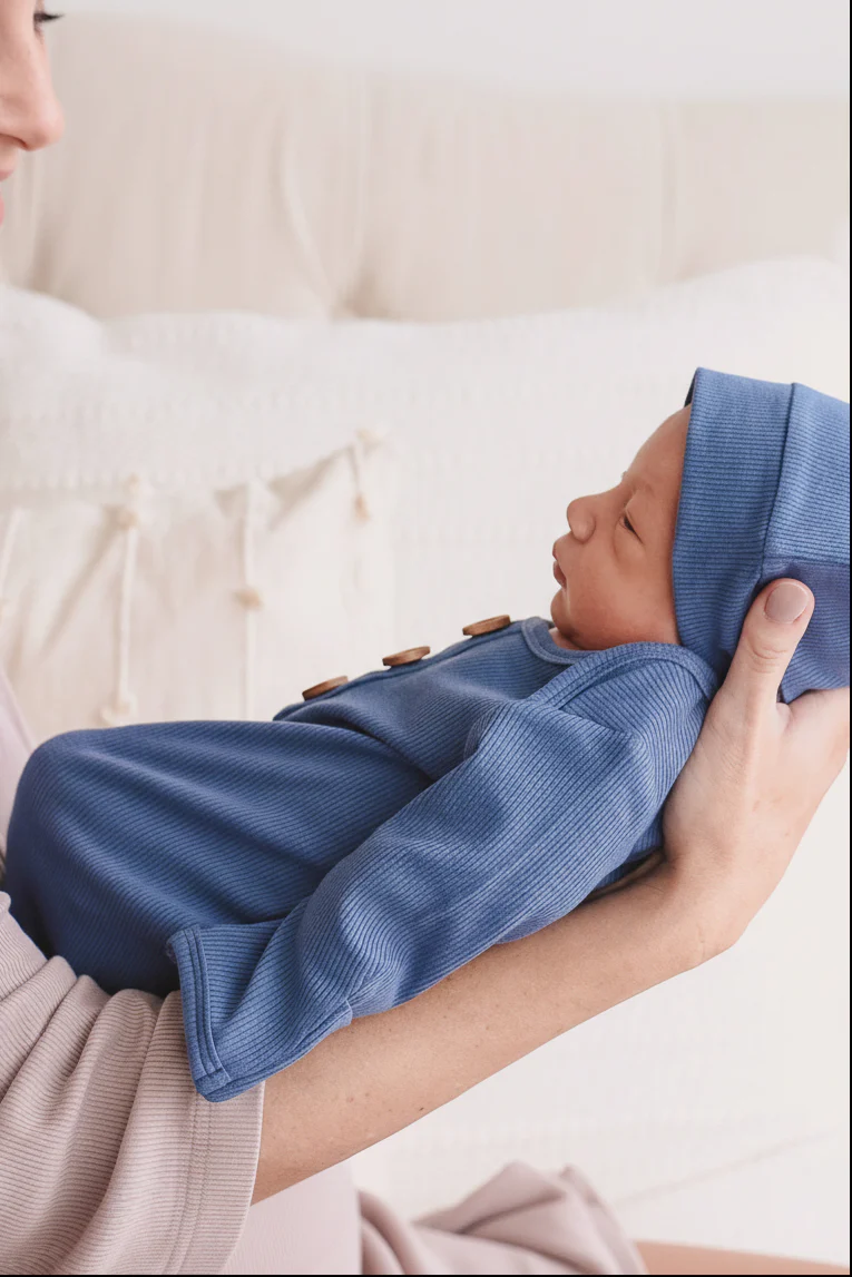 Steel Blue Ribbed Bamboo Baby Knot Gown & Hat - Image 4