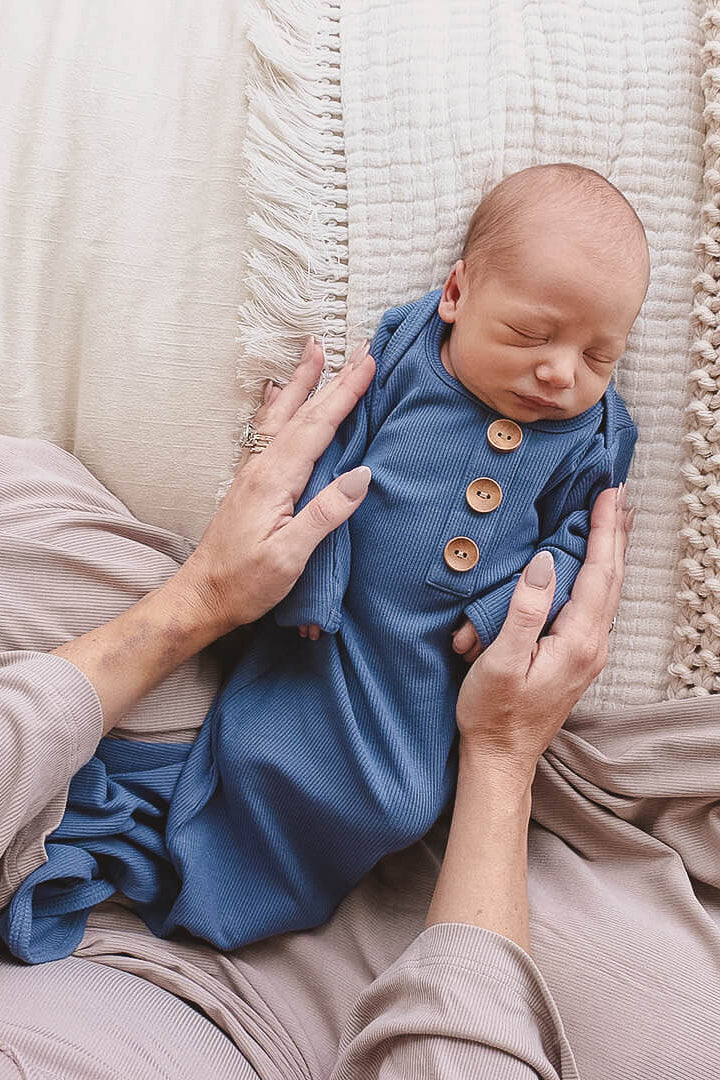 Steel Blue Ribbed Bamboo Baby Knot Gown & Hat - Image 5