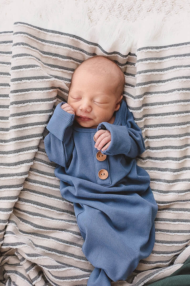 Steel Blue Ribbed Bamboo Baby Knot Gown & Hat - Image 6