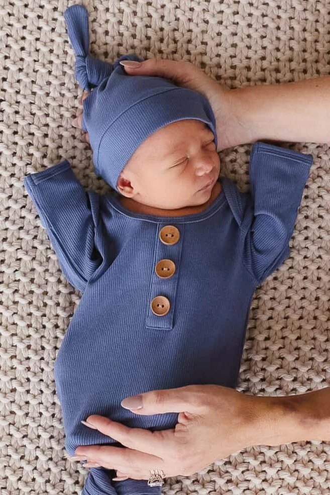Steel Blue Ribbed Bamboo Baby Knot Gown & Hat - Image 7