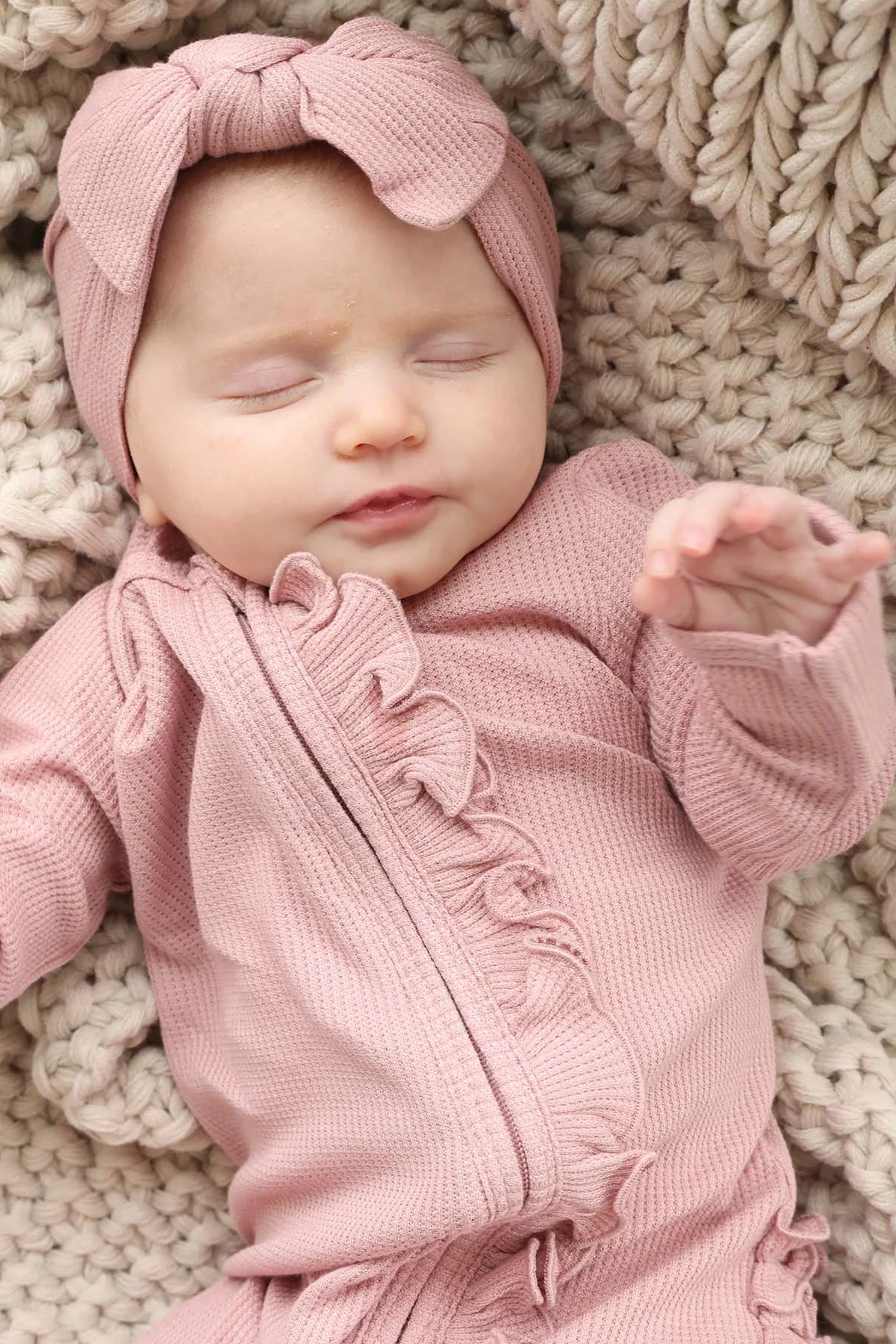 Vintage Rose Bamboo Waffle Ruffle Zipper Footie - Image 6